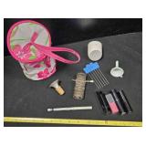 Make up bag w/lipstick, sprinkle head, roller