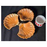 3 Shell dishes; Fire-King Ovenware mug