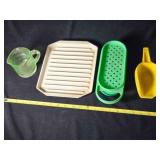 Fire-King Heat n Serve tray; Tupperware grater