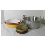 Vintage metal ashtray; Vintage Enamelware bowls