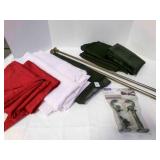 red Swag curtains, cast brackets and rod