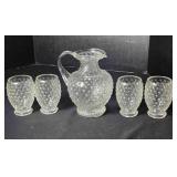 Clear glass Hobnail Pitcher & 4 Glasses