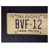 Vintage Oklahoma Farm Truck license, 1970