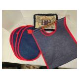Denim log carrier, 42'; 4 placemats, throw pillow