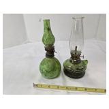 Antique emerald green glass & clear oil lamps