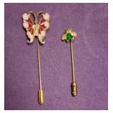 Vintage Gold Tone Stick Pins - Pink & Red Enamel