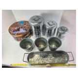 Cake tin; 3 metal canisters; 3 pails; metal tray