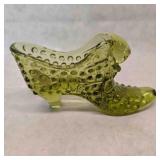 Fenton Glass Shoe w/cat head-Olive green color