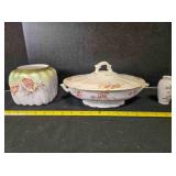 Covered porcelain serving bowl, 9½" across