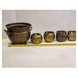 Brass pot, 6" x 5"; 4 brass votive candleholders