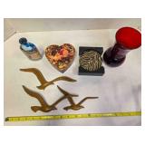 Red glass vase, 6½" tall; Heart-shaped box, 5"