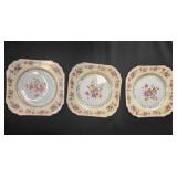 3 Gold Castle porcelain dessert plates, 8" square