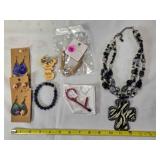 Multi-strand necklace, black & white beads & cross