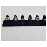 6 size 6 ladies rings; Silver & black dinner;