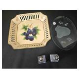 Decorative ceramic plate; etched glass trivet
