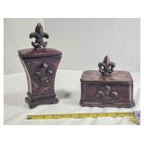 2 decorative containers w/lids, maroon w/gold tone