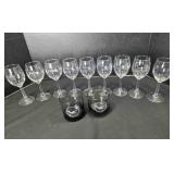 9 stemmed goblets; 2 lowball glasses