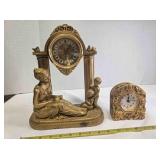 2 gold-tone clocks; 12" tall w/ mom & children