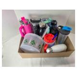 Plastic canister; 10 drinking bottles & tumblers