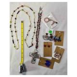Pink, green, & black chip beads w/wire cross