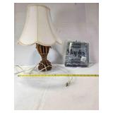 20" tall wood lamp; Gray/blue rug (20"x34")