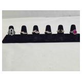 Six size 7 ladies rings; Cubic zirconia, red stone