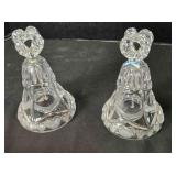 2 clear glass handbells, heart pattern