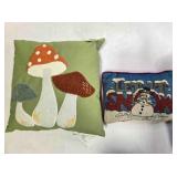 2 throw pillows; green w/mushroom applique