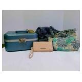 vintage blue hard-shell train case, wallet