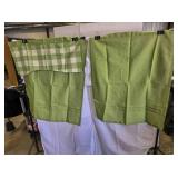 2 green curtains, checked valance cut in half;