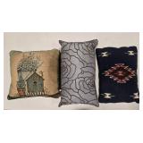 3 throw pillows; blue wool Native design, 18"x13"