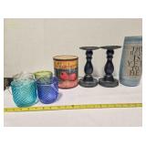 2 decorative jars; 2 candle pedestals