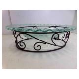 Oval Textured Glass Serving Dish w/Metal Stand