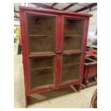 Vintage Wood Pie Safe Cabinet Red Paint, Screen