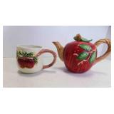 Vintage Fitz, Floyd Red Apple Teapot Green Leaf