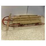Vintage Snow Sled Wood Slat Deck, Red Metal Frame