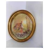 Vintage Oval Gold Plastic Picture Frame w/Cottage