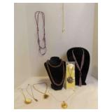 9 Various Necklaces; Purple And Gold Colors