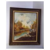 Vintage Framed Landscape Painting 2 Kids Near a