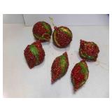 6 Christmas Ornaments Beaded, Glitter Holly