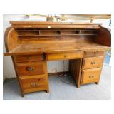 Wood Roll Top Desk - 2 pieces, + Lamp