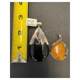 2 - sterling silver - onyx and amber - pendents