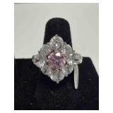 925 Floral bloom design with pink stone, size 6