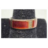 925 band ring w/rectangular red stone inlay