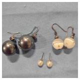 3 pr Faux Pearl Earrings-2 fish hook, 1 post