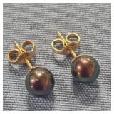14K Gold Black Pearls Stud Earrings-look brown