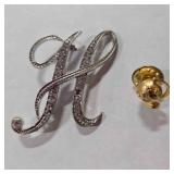 H Cursive Silvertone Brooch-missing stone