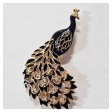 Peacock Brooch-rhinestones black enamel