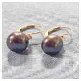 14K Diamond Black Pearl Earrings-look brown color