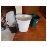 5 - TRASH CANS, 2 BROOMS, 1 - MOP